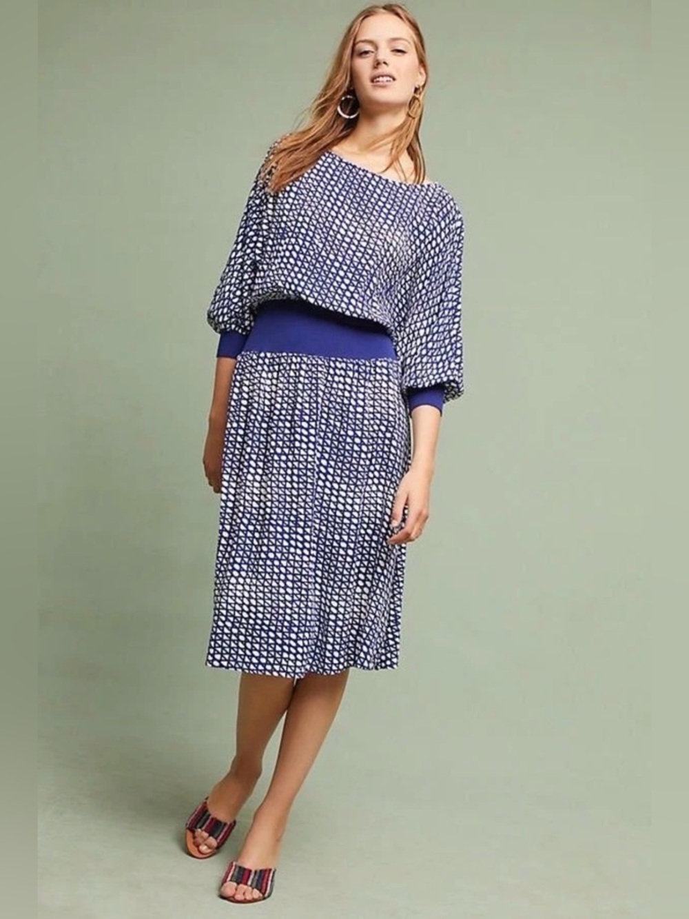 Maeve by Anthropologie Gemma Blue and White Geometric Print Dress size S - Picture 2 of 16